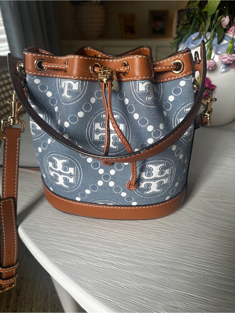 Tory Burch Navy Logo Canvas Bucket Bag with Brown Leather Trim